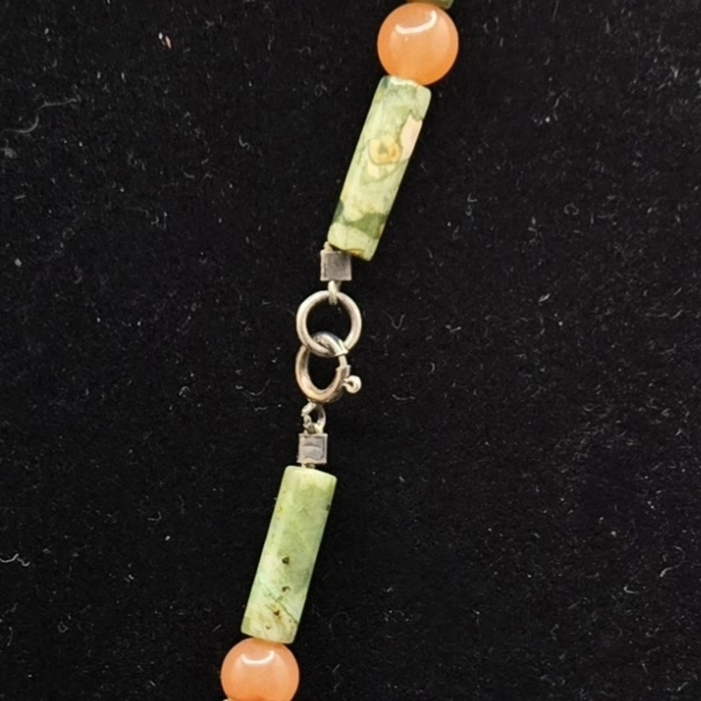 Rainforest Jasper & Carnelian Necklace 19" Long Sterling Silver Clasp Vintage - Picture 2 of 3
